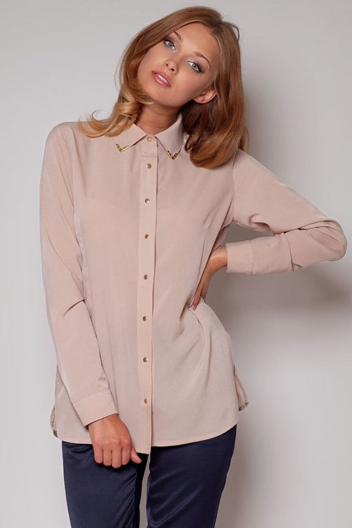 Elegant Collared Long Sleeve Shirt with Golden Buttons