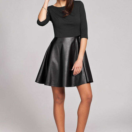 Eco-Chic Redingote Cocktail Dress with Sustainable Leather Details and 3/4 Sleeves