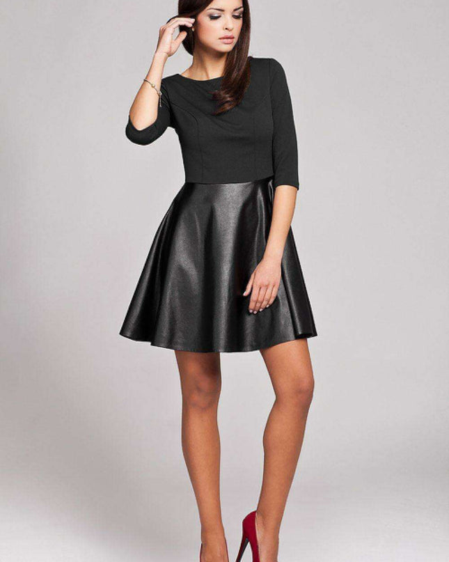 Eco-Chic Redingote Cocktail Dress with Sustainable Leather Details and 3/4 Sleeves