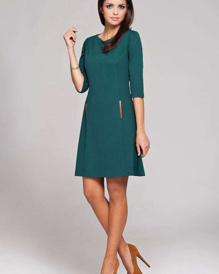 Sustainable Chic Trapeze Dress with Stylish Leather Pocket
