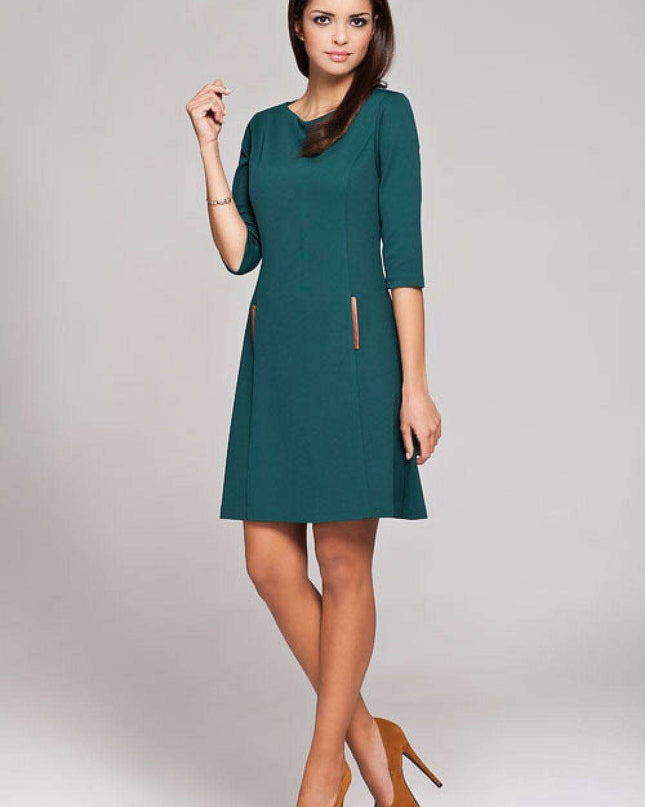 Sustainable Chic Trapeze Dress with Stylish Leather Pocket
