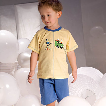 Two Tone Boys Pajamas Set Light Green Top With Dog And Locomotive Grey Shorts - Très Elite