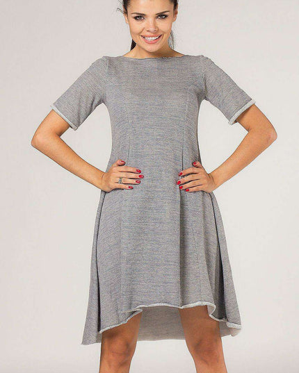 Chic Grey Quilted Dress with Extended Back and Fashionable Flare