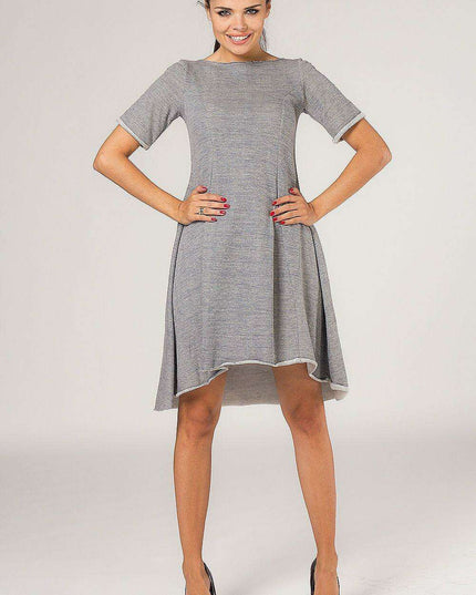 Chic Grey Quilted Dress with Extended Back and Fashionable Flare