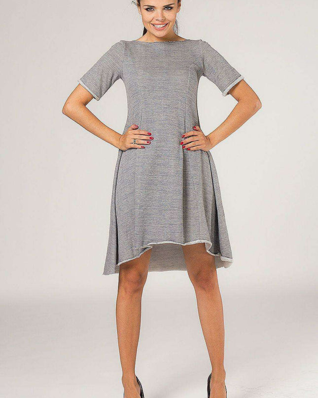 Chic Grey Quilted Dress with Extended Back and Fashionable Flare