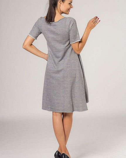 Chic Grey Quilted Dress with Extended Back and Fashionable Flare
