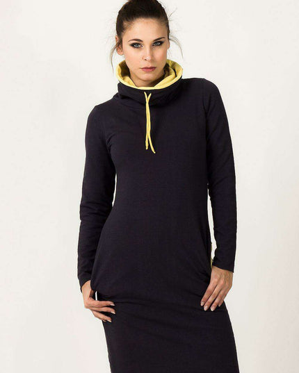 Trendy Colorblock Hoodie Dress with Cozy Collar and Convenient Pockets