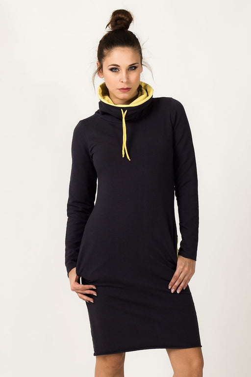 Colorful Stand-Up Collar Sweatshirt Dress with Cozy Colorblock Detail