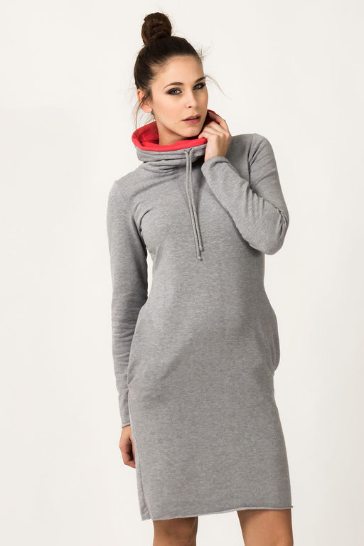 Sweatshirt Day Dress with Stand-Up Chimney Collar & Vibrant Colors