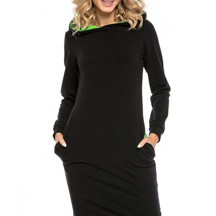 Sporty Urban Black Cotton Hooded Dress with Color-Block Accents