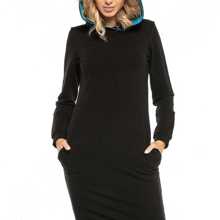 Sporty Urban Black Cotton Hooded Dress with Color-Block Accents
