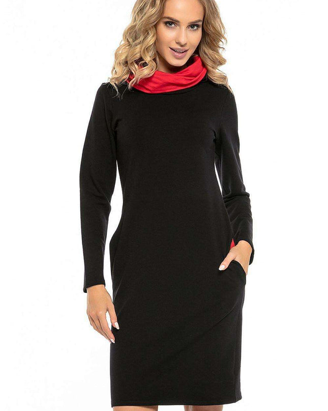 Black Cotton Knit Day Dress with Chic Contrasting Details