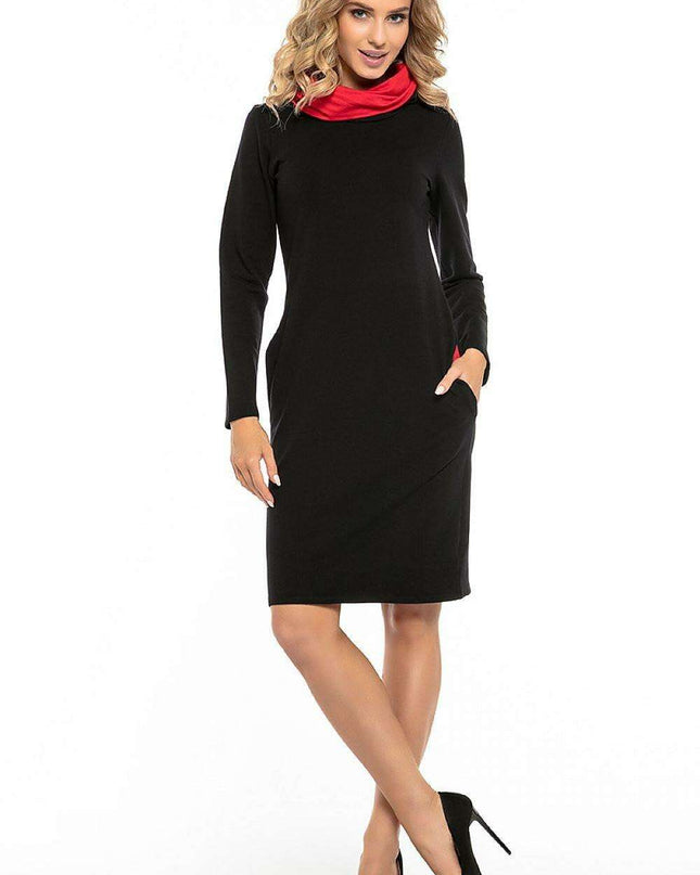 Black Cotton Knit Day Dress with Chic Contrasting Details