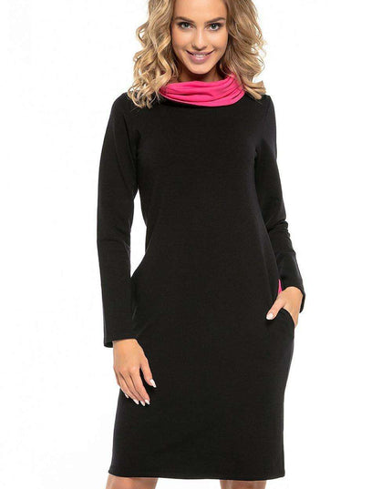 Black Cotton Knit Day Dress with Chic Contrasting Details