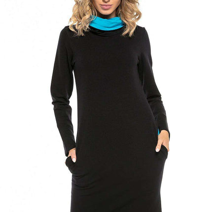 Black Cotton Knit Day Dress with Chic Contrasting Details