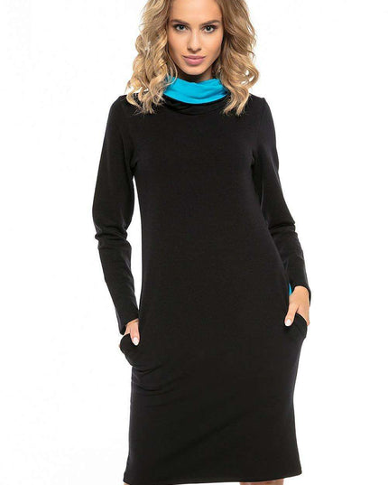 Black Cotton Knit Day Dress with Chic Contrasting Details