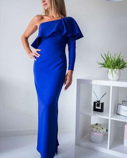 Elegant Frilled Neckline Evening Gown