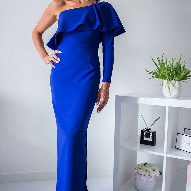 Elegant Frilled Neckline Evening Gown
