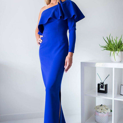 Elegant Frilled Neckline Evening Gown