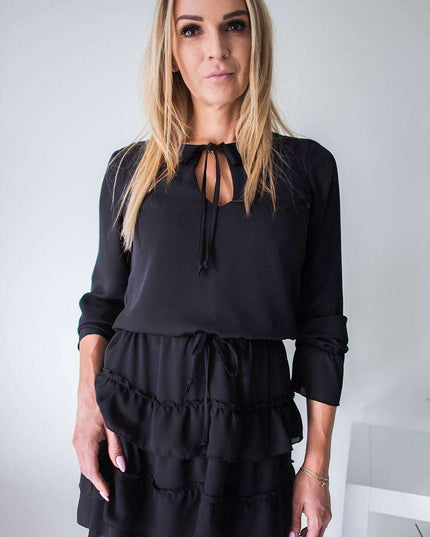 Chic Jersa Tie-Neck Cocktail Dress with Flowy Sleeves