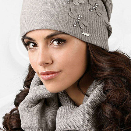 Chic Dragonfly-Decorated Wool Blend Winter Beanie