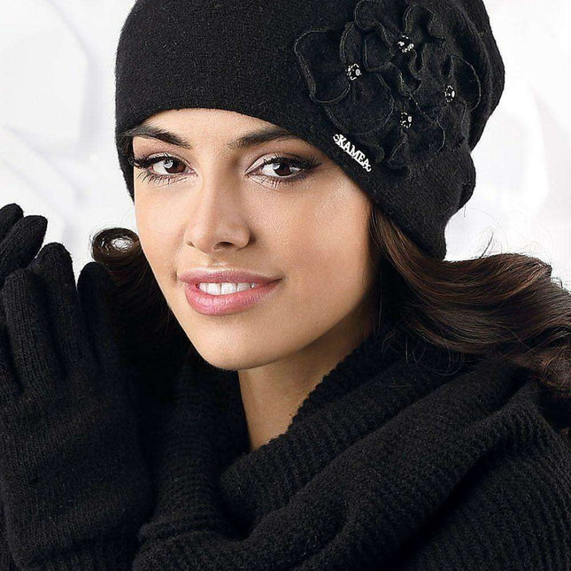 Elegant Floral Wool Beanie with Sparkling Zircon Details