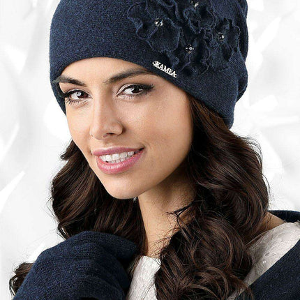 Elegant Floral Wool Beanie with Sparkling Zircon Details