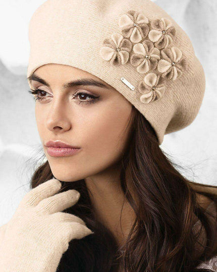 Chic Floral-Decorated Wool Beret