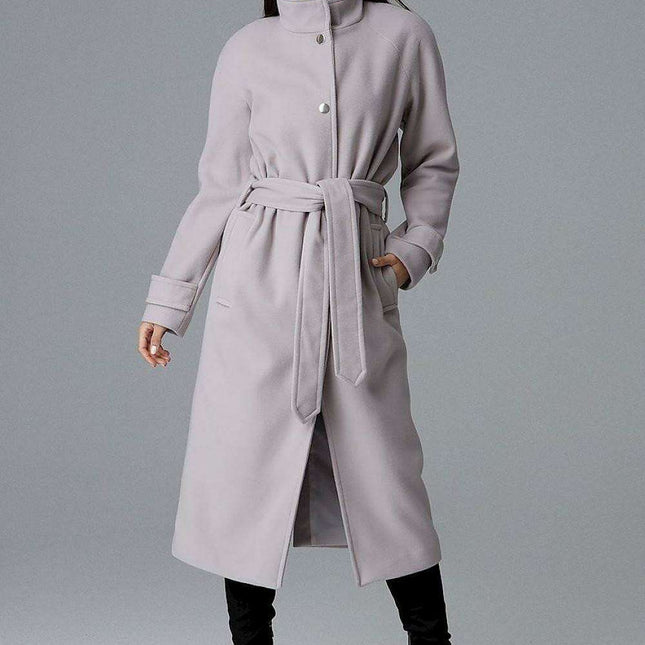 Elegant Longline Coat with Waist Tie, Back Slit & Functional Pockets