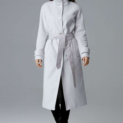 Elegant Longline Coat with Waist Tie, Back Slit & Functional Pockets