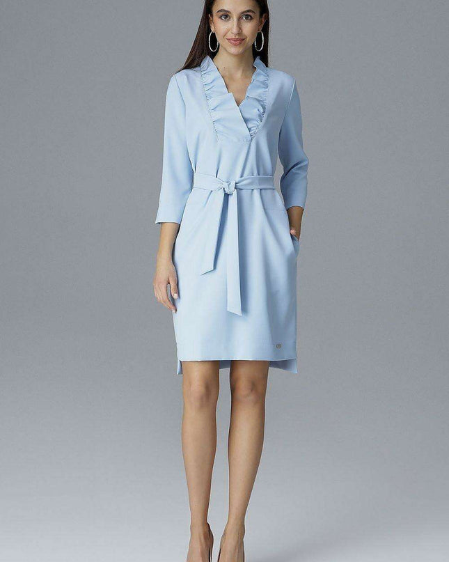 Chic Ruffle Neckline Cocktail Dress with Side Slits & Adjustable Waist