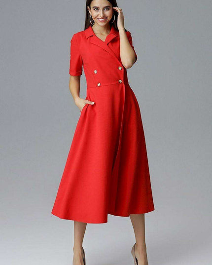 Sophisticated Double-Breasted Midi Dress with Convenient Pockets
