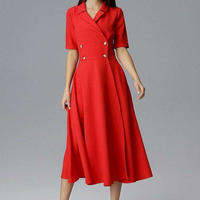 Sophisticated Double-Breasted Midi Dress with Convenient Pockets
