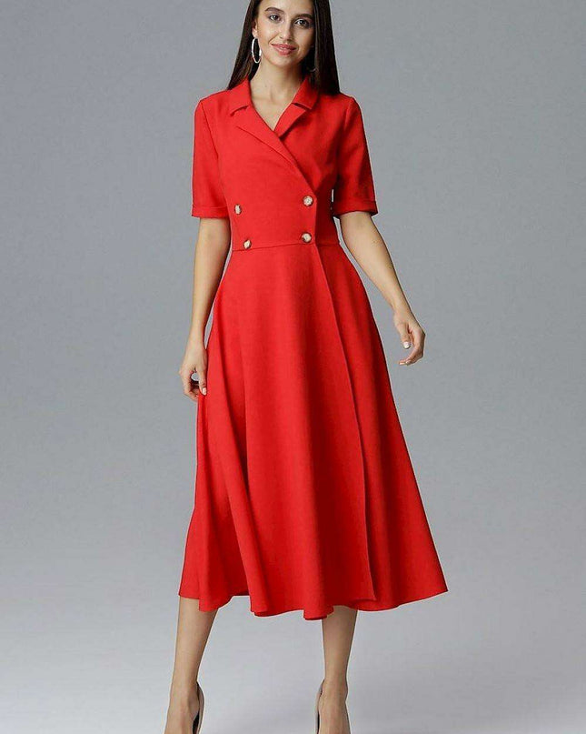 Sophisticated Double-Breasted Midi Dress with Convenient Pockets