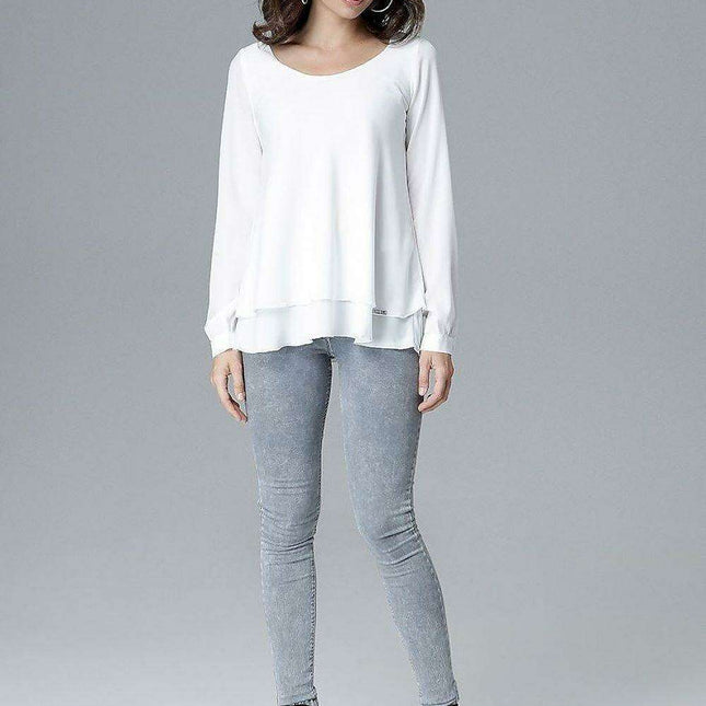 Chic Frill-Embellished Long Sleeve Blouse with Half-Round Neck