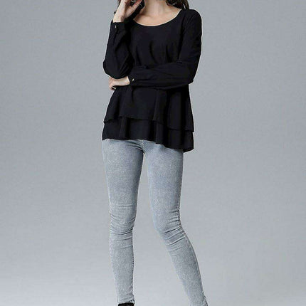 Chic Frill-Embellished Long Sleeve Blouse with Half-Round Neck