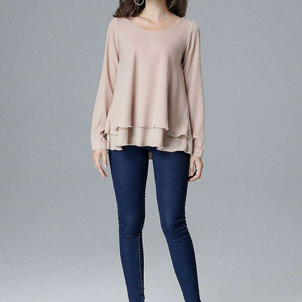 Chic Frill-Embellished Long Sleeve Blouse with Half-Round Neck
