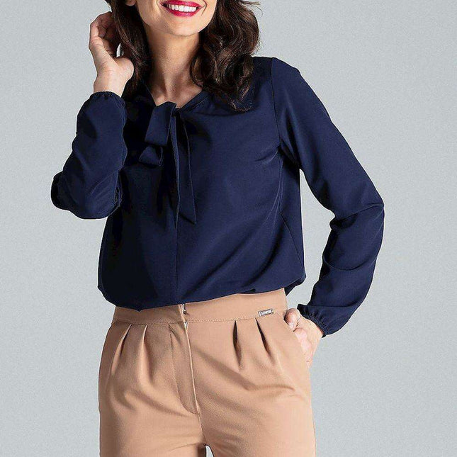 Elegant Tie-Neck Blouse with Elastic Sleeve Detail