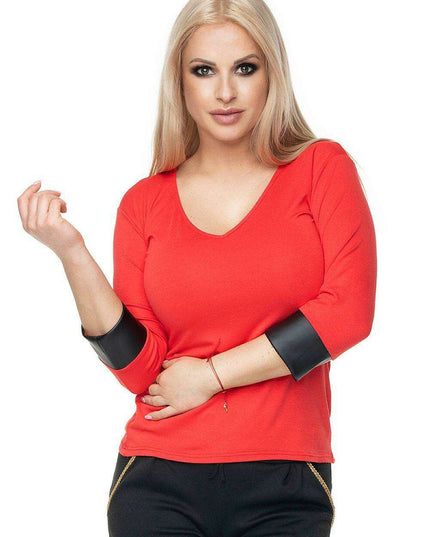 Chic Eco-Leather V-Neck Blouse by PeeKaBoo