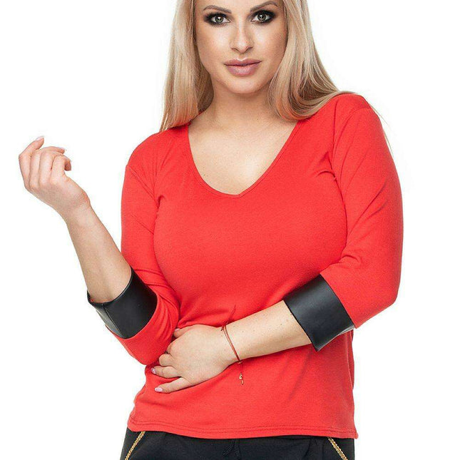 Chic Eco-Leather V-Neck Blouse by PeeKaBoo