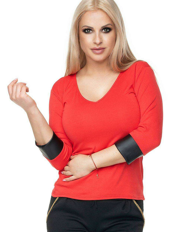 Chic Eco-Leather V-Neck Blouse by PeeKaBoo