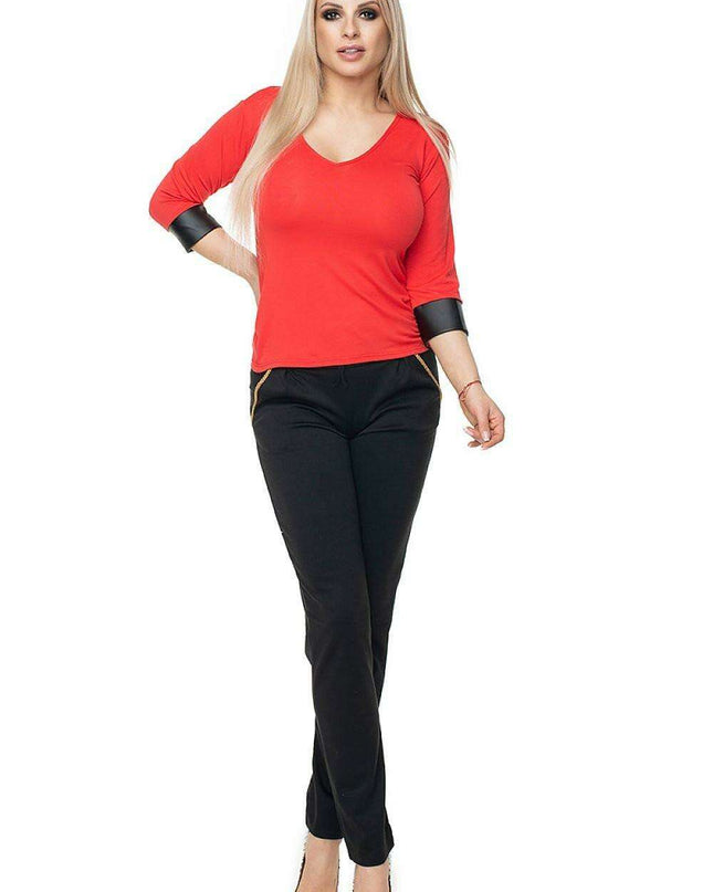 Chic Eco-Leather V-Neck Blouse by PeeKaBoo