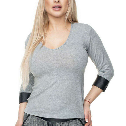 Chic Eco-Leather V-Neck Blouse by PeeKaBoo