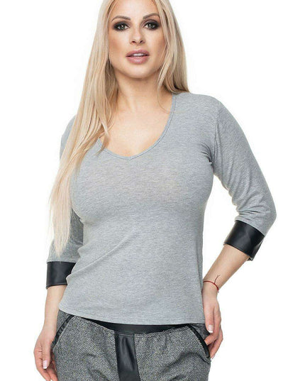Chic Eco-Leather V-Neck Blouse by PeeKaBoo