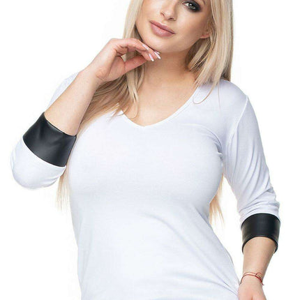 Chic Eco-Leather V-Neck Blouse by PeeKaBoo