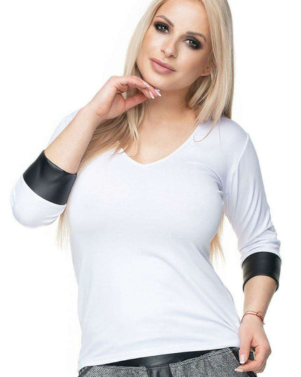 Chic Eco-Leather V-Neck Blouse by PeeKaBoo