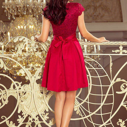 Chic Numoco Red Ruffled Flare Dress with Elegant Lace Details