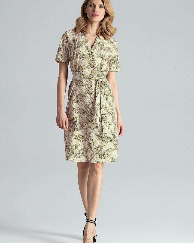 Elegant Midi Dress with Adjustable Waist Tie and Serek Neckline