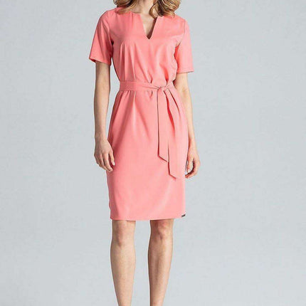 Elegant Midi Dress with Adjustable Waist Tie and Serek Neckline