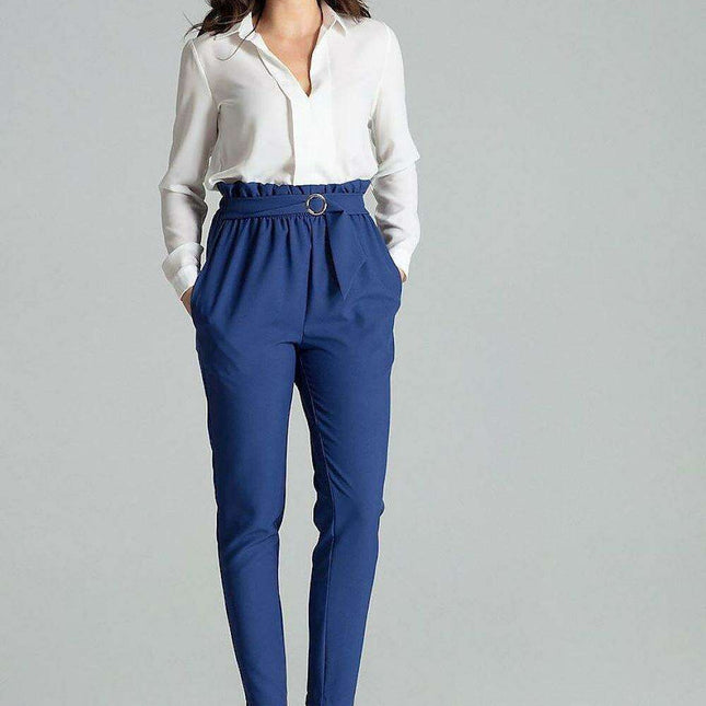 Chic Beige Trousers with Glamorous Golden Buckle - Comfortable Style